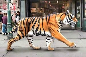 urban tiger apokalyps. en tiger gående genom urban ruiner i en postapokalypsen tycka om miljö. neuralt nätverk ai genererad foto