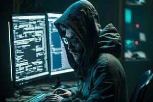 farlig huvor hacker bryter in i regering data servrar och infekterar deras systemet med en virus. neuralt nätverk genererad konst foto