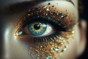 kvinna ögon med skön glitter smink. neuralt nätverk ai genererad foto