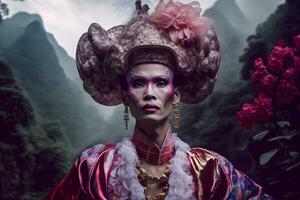 asiatisk kejsarinna mot de bakgrund av en skön landskap. neuralt nätverk ai genererad foto