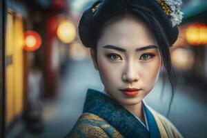 porträtt av en japansk kvinna i nationell kläder. neuralt nätverk ai genererad foto