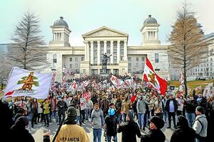 folkmassan av människor med posters och flaggor stående i främre av parlament byggnad under posta val protest. neuralt nätverk ai genererad foto