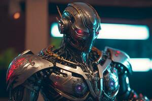 modern trogen manlig humanoid robot med metall utrusta. neuralt nätverk genererad konst foto