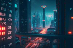 synthwave retro stadsbild med modern trogen byggnader och neon lampor. neuralt nätverk genererad konst foto