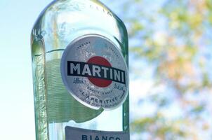 flaska av vermouth Martini rossi stänga upp logotyp på en grön träd bakgrund foto