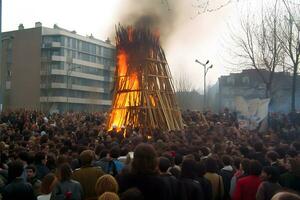 protest i de stad och brand, strejk. neuralt nätverk ai genererad foto