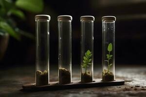 grön färsk växt i glas testa rör i laboratorium. neuralt nätverk ai genererad foto