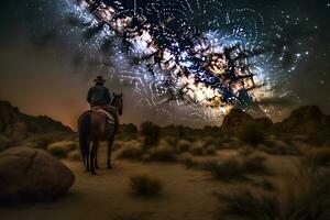 landskap med mjölkig sätt. cowboy med hans häst. neuralt nätverk ai genererad foto