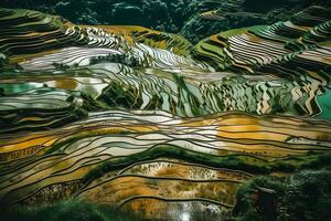 ris fält på terrasserad av mu cang chai, yenbai, vietnam. ris fält förbereda de skörda på nordväst vietnam.vietnam landskap. neuralt nätverk ai genererad foto