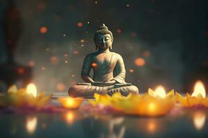 meditation buddha staty med ljus och lotus. neuralt nätverk ai genererad foto