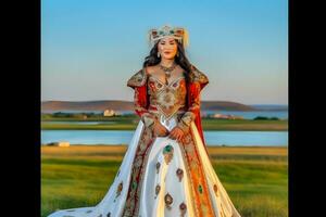 mongoliska flicka i traditionell nationell klänning. neuralt nätverk ai genererad foto