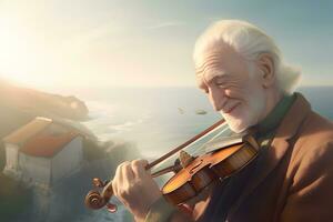 ett gammal man spelar de fiol mot de bakgrund av solnedgång. neuralt nätverk ai genererad foto