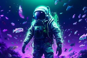 astronaut och under vattnet värld, psychedelic stil. neuralt nätverk ai genererad foto