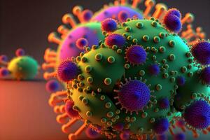 abstrakt se av virus av inluensa eller covid 19 ny coronavirus genom mikroskop. neuralt nätverk genererad konst foto