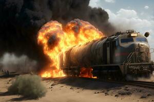 brinnande tåg bil på brand olycka på tåg gård. neuralt nätverk genererad konst foto