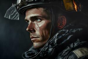 porträtt av brandman smutsig ansikte i särskild hjälm och brandmän enhetlig. neuralt nätverk genererad konst foto