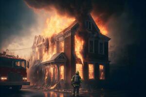 brandmän besättning stridande brand olycka på nattetid. neuralt nätverk genererad konst foto