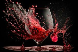 glas med stänk av röd vin på svart bakgrund. neuralt nätverk genererad konst foto