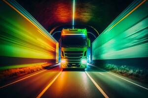 lastbil trailer körning på de neon tunnel. neuralt nätverk genererad konst foto