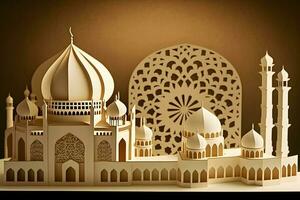 illustration av stad med moské på de natt av ramadan kareem. neuralt nätverk ai genererad foto