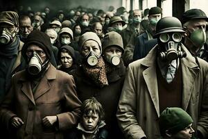 folkmassan av människor i enhetlig och gas mask. begrepp av strålning och virus, miljö- förorening. neuralt nätverk ai genererad foto