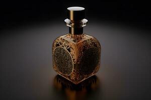 en flaska av parfym kvinnor eau de parfum i flaska isolerat på svart. doft för kvinnor parfym spray. neuralt nätverk genererad konst foto