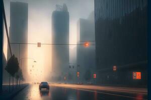 urban skyskrapor på tidigt dimmig morgon- i de stad distrikt. neuralt nätverk genererad konst foto