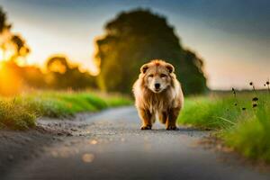 en hund gående ner en väg på solnedgång. ai-genererad foto