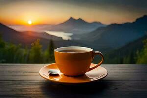 en kopp av kaffe på en trä- tabell med en se av berg. ai-genererad foto