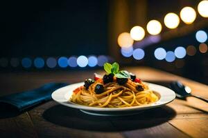 spaghetti med oliver och tomater på en tallrik. ai-genererad foto