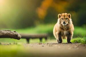 en lejon gående på en väg i de skogen. ai-genererad foto