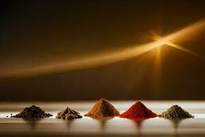 en grupp av kryddor i en rad. ai-genererad foto