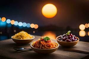 tre skålar av pasta med vindruvor och en skål av ris på en tabell i främre av de solnedgång. ai-genererad foto