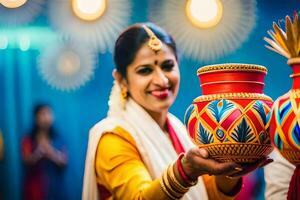 en kvinna i traditionell indisk klädsel innehav en pott. ai-genererad foto