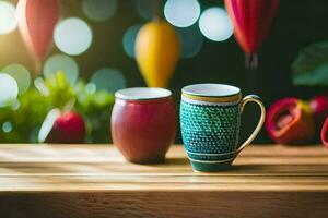 två färgrik kaffe koppar på en trä- tabell. ai-genererad foto