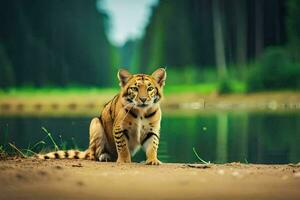 en tiger Sammanträde på de jord nära en sjö. ai-genererad foto