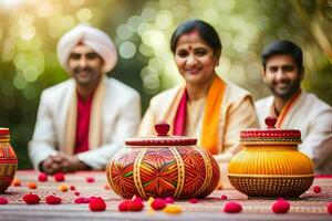 indisk familj med färgrik kastruller och skålar. ai-genererad foto