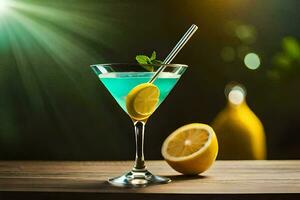 en blå cocktail med citron- och mynta på en trä- tabell. ai-genererad foto
