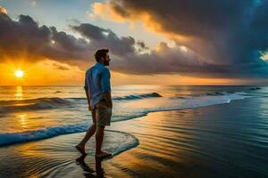 en man gående på de strand på solnedgång. ai-genererad foto