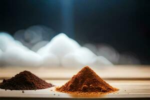 två annorlunda typer av kaffe pulver på en tabell. ai-genererad foto
