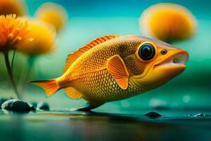 en fisk med stor ögon och en gul blomma. ai-genererad foto
