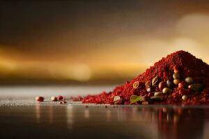 en lugg av röd kryddor på en tabell. ai-genererad foto