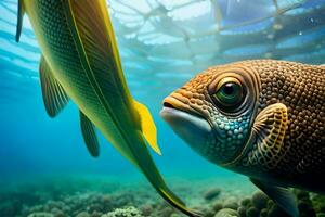 en fisk och en gul fisk är simning i de hav. ai-genererad foto