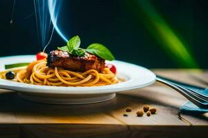 spaghetti med kött och grönsaker på en tallrik. ai-genererad foto