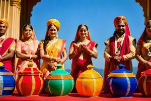 en grupp av människor i indisk kostymer innehav färgrik krukor. ai-genererad foto