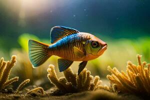 en fisk i ett akvarium med växter och solljus. ai-genererad foto