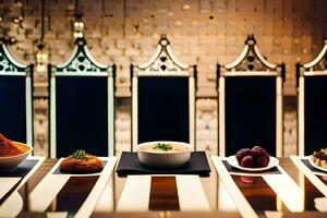 en tabell med skålar av mat och en stol. ai-genererad foto