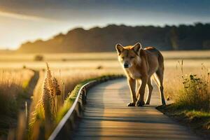 en hund gående längs en väg i de mitten av en fält. ai-genererad foto