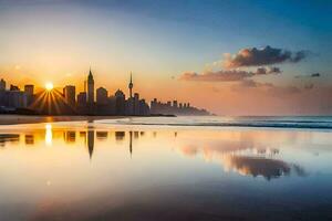 de Sol stiger över de stad horisont i dubai. ai-genererad foto