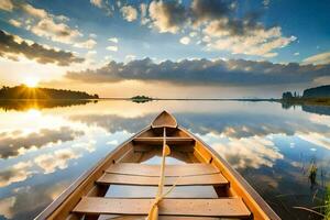 en kanot är flytande på de lugna vatten på solnedgång. ai-genererad foto